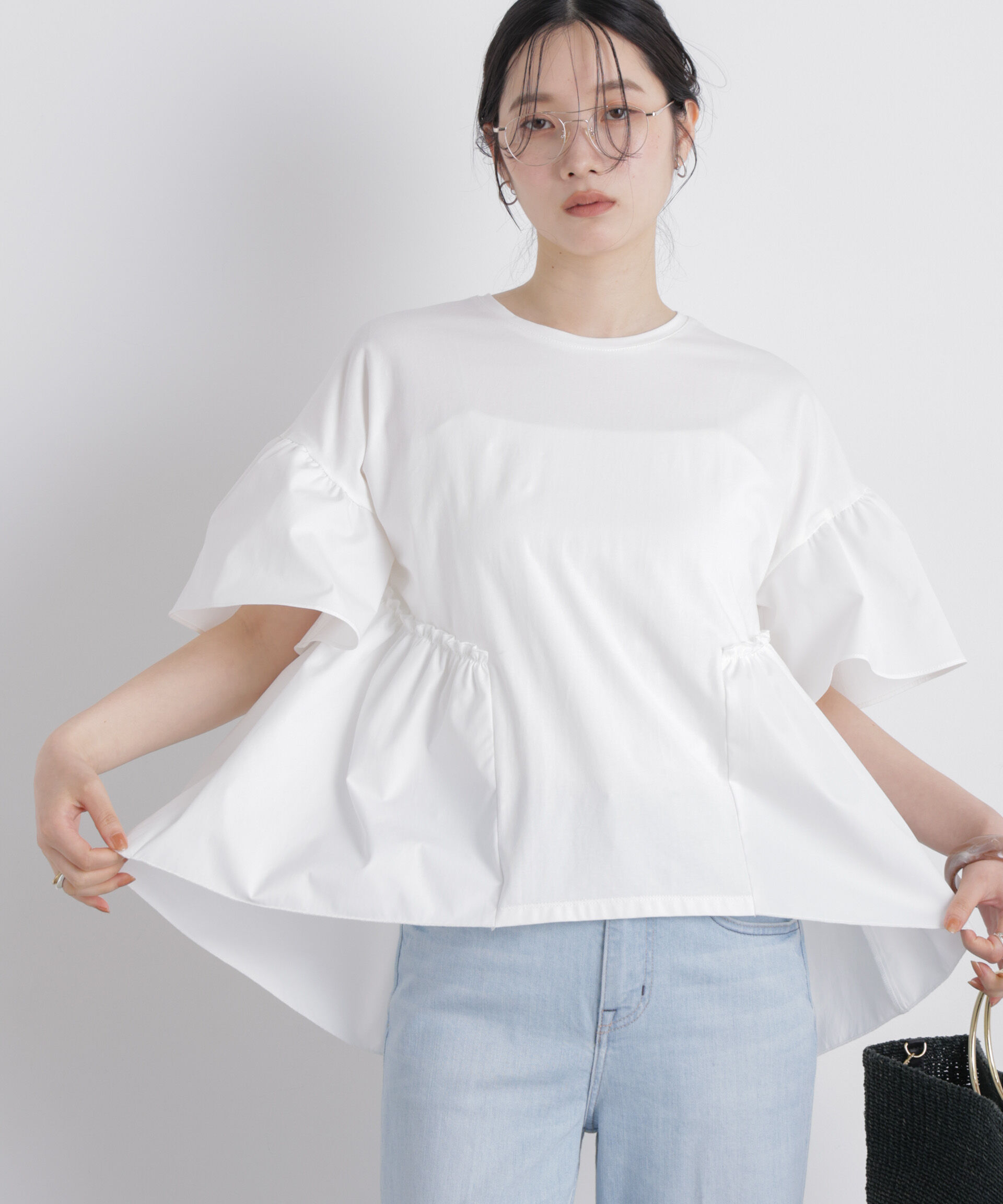 nano･universe「異素材ドッキングギャザーカットソー」|Tシャツ・カットソー|