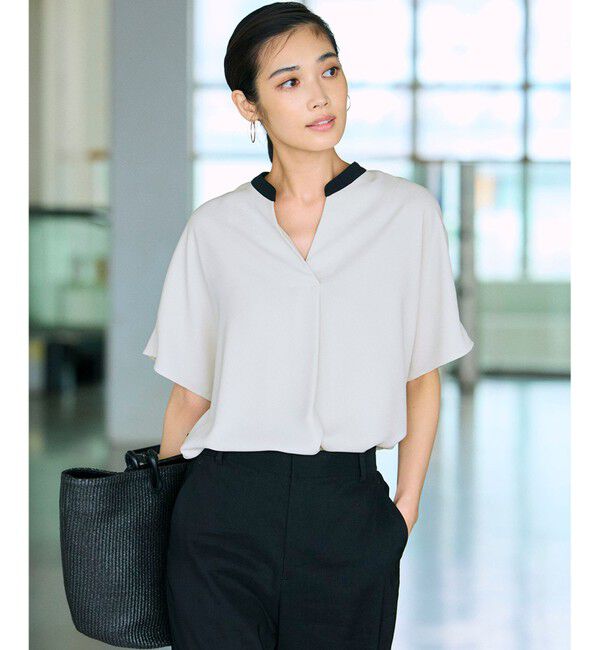 23区「【吸水速乾/UVカット/接触冷感】ストレッチジョーゼット バンドカラー カットソー」|Tシャツ・カットソー|ﾍﾞｰｼﾞｭ&times;