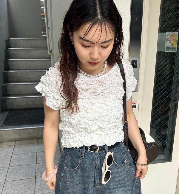  「【新色BRN】《6色展開/伸縮性あり◎》ふわふわシャーリングTシャツ」|Tシャツ・カットソー|