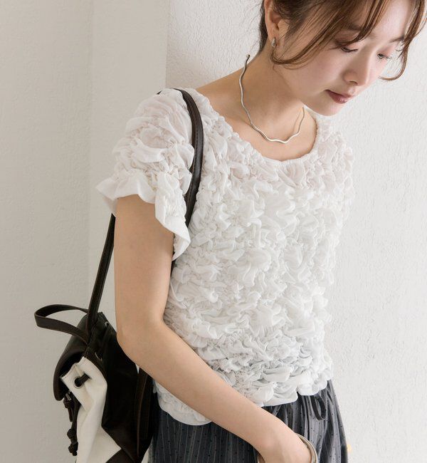  「【新色BRN】《6色展開/伸縮性あり◎》ふわふわシャーリングTシャツ」|Tシャツ・カットソー|