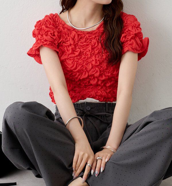  「【新色BRN】《6色展開/伸縮性あり◎》ふわふわシャーリングTシャツ」|Tシャツ・カットソー|