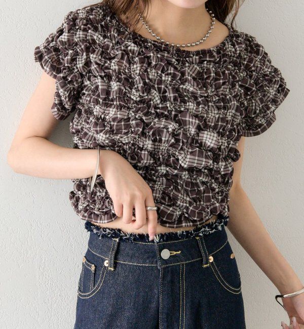 「【新色BRN】《6色展開/伸縮性あり◎》ふわふわシャーリングTシャツ」|Tシャツ・カットソー|ブラウン