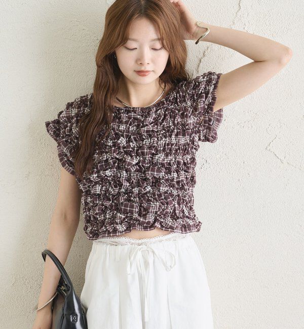  「【新色BRN】《6色展開/伸縮性あり◎》ふわふわシャーリングTシャツ」|Tシャツ・カットソー|