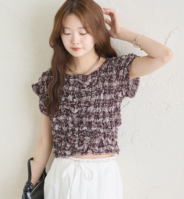  「【新色BRN】《6色展開/伸縮性あり◎》ふわふわシャーリングTシャツ」|Tシャツ・カットソー|