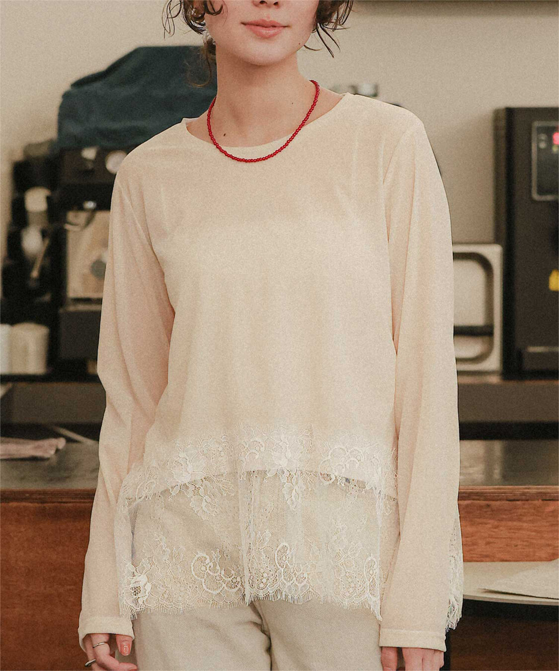 titivate「ヘムレースシアーベロアロングスリーブTシャツ」|Tシャツ・カットソー|アイボリー