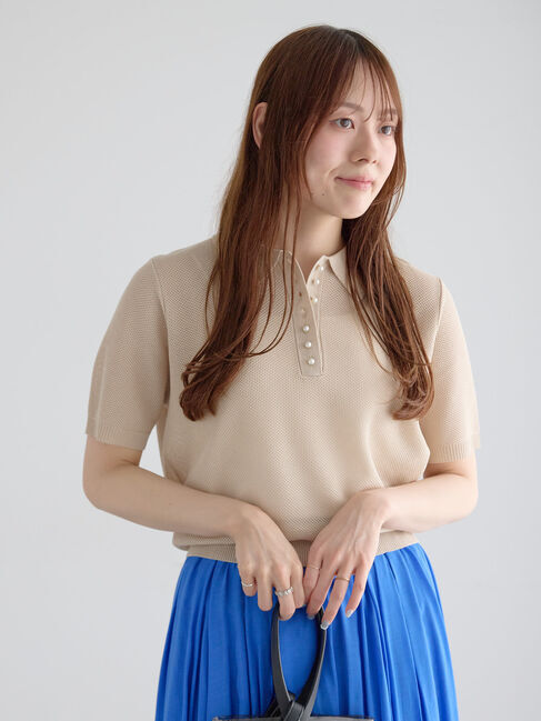 Te chichi「【マシンウォッシャブル】パール釦メッシュニットポロ」|ニット・セーター|ベージュ