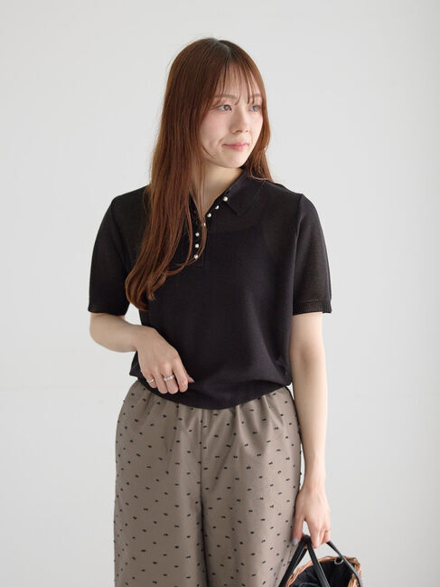Te chichi「【マシンウォッシャブル】パール釦メッシュニットポロ」|ニット・セーター|