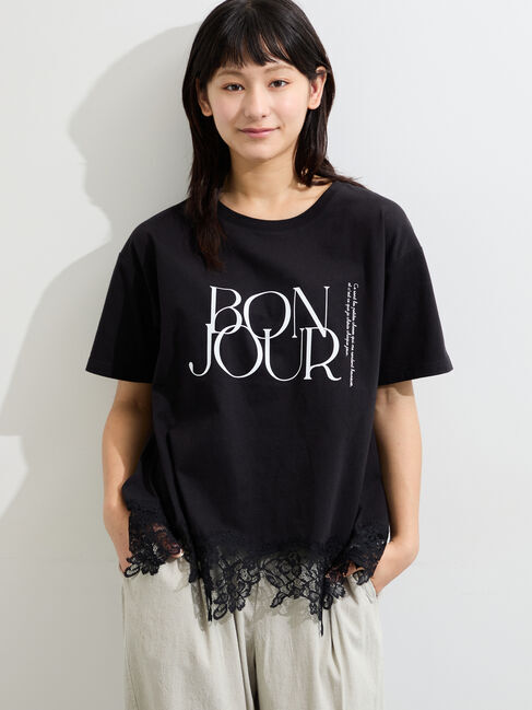 Samansa Mos2「【接触冷感】裾レースロゴTシャツ」|Tシャツ・カットソー|ブラック