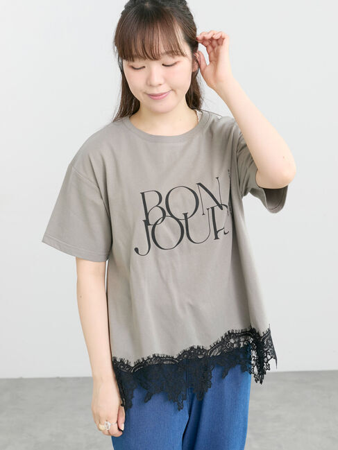 Samansa Mos2「【接触冷感】裾レースロゴTシャツ」|Tシャツ・カットソー|グレージュ