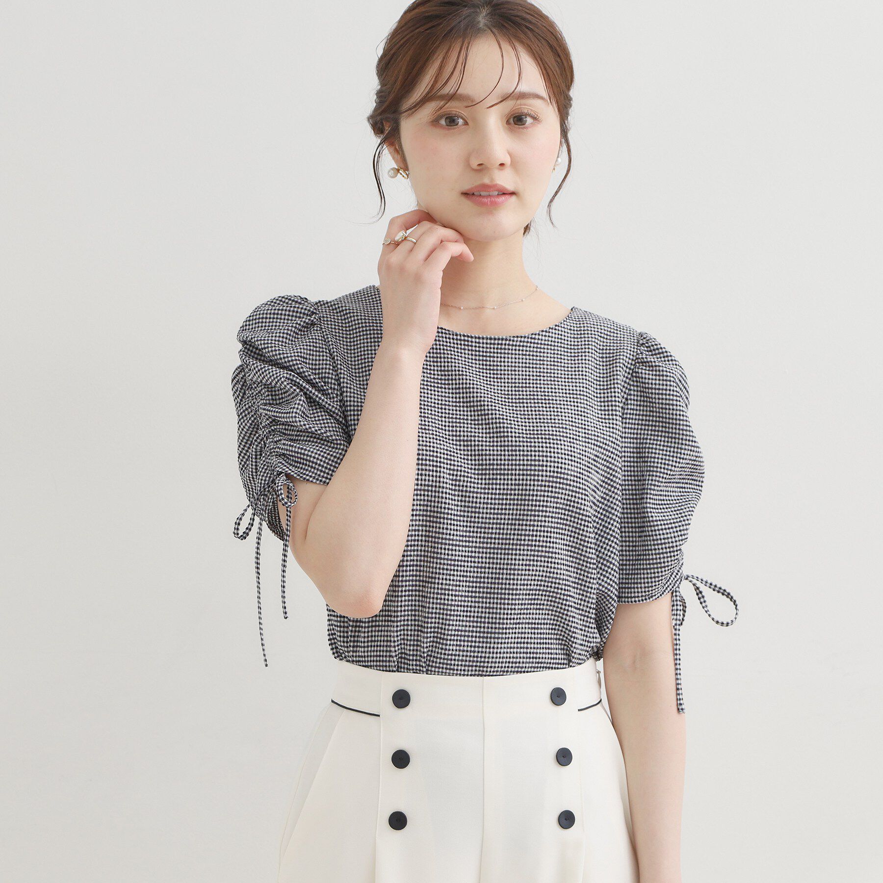 Couture broach「【洗える】シャーリング チェックブラウス」|シャツ・ブラウス|ブラック(219)