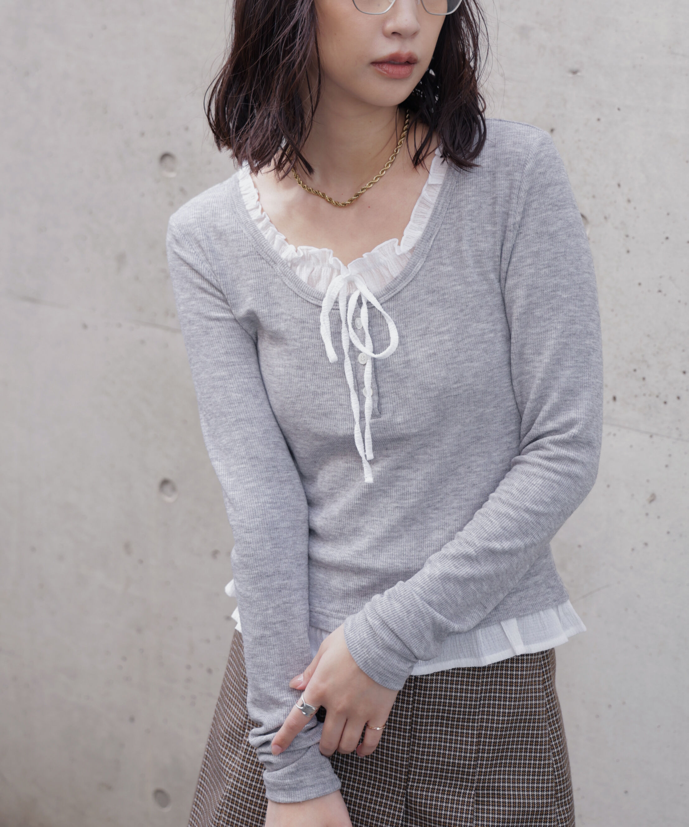  「レイヤード風フリルリボンカットソー」|Tシャツ・カットソー|