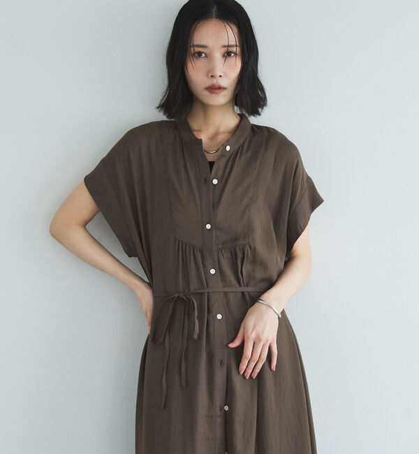Doux archives「ウォッシャブルリネンライクバンドカラーシャツワンピース」|ワンピース|