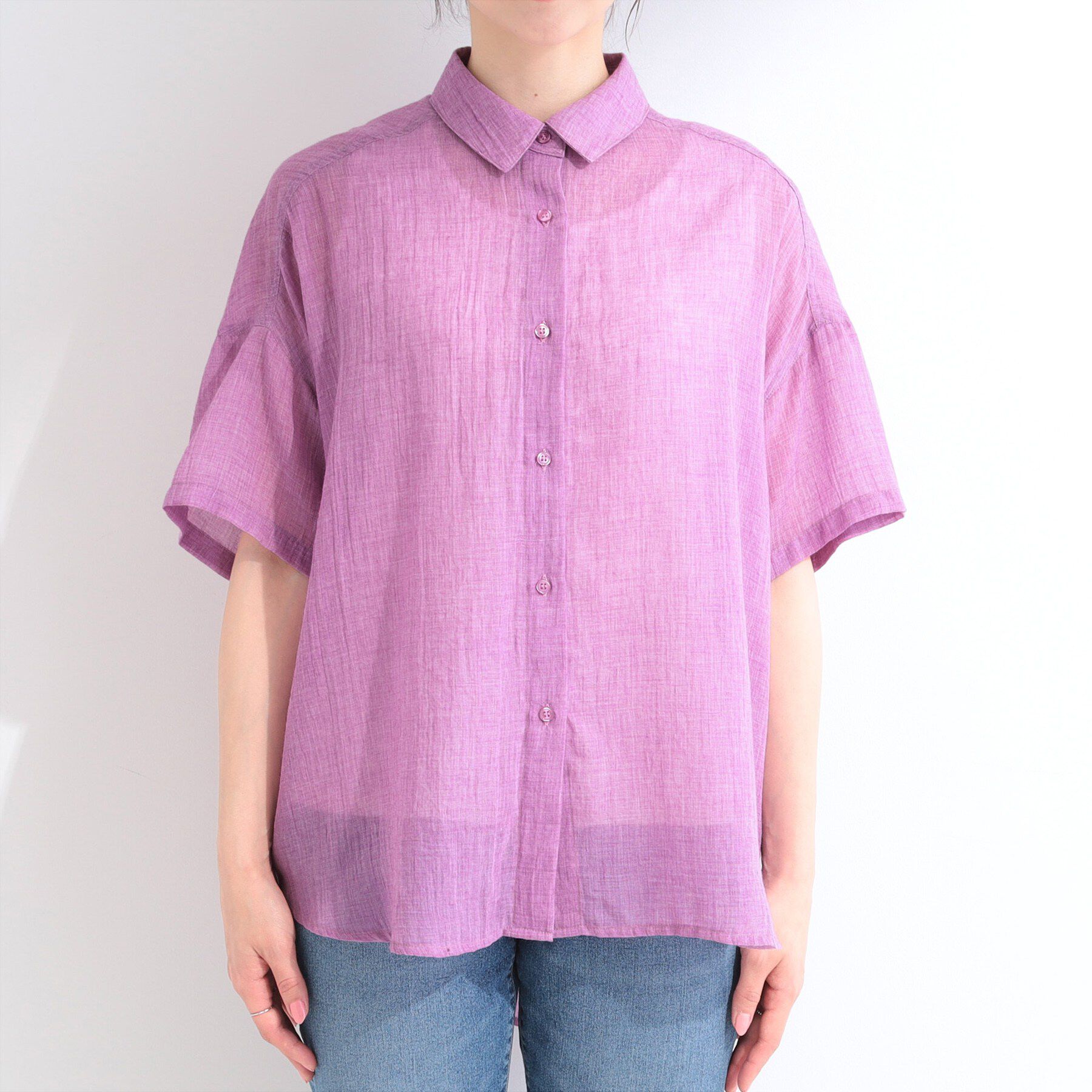 SHOO･LA･RUE「ヒップがすっぽり隠れる やわらか5分袖シアーシャツ」|シャツ・ブラウス|