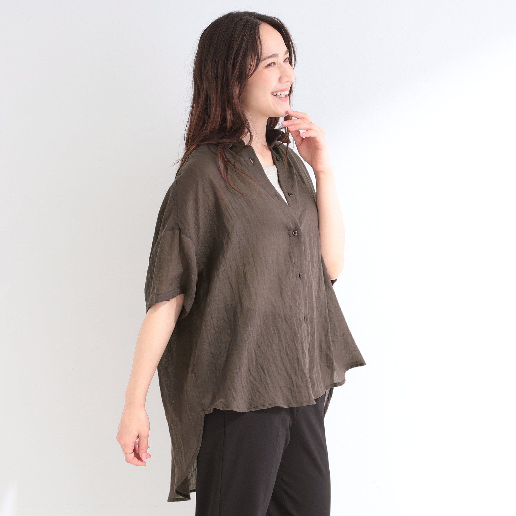 SHOO･LA･RUE「ヒップがすっぽり隠れる やわらか5分袖シアーシャツ」|シャツ・ブラウス|