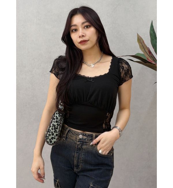 EVRIS「レースドッキングクロップドトップス」|Tシャツ・カットソー|ブラック