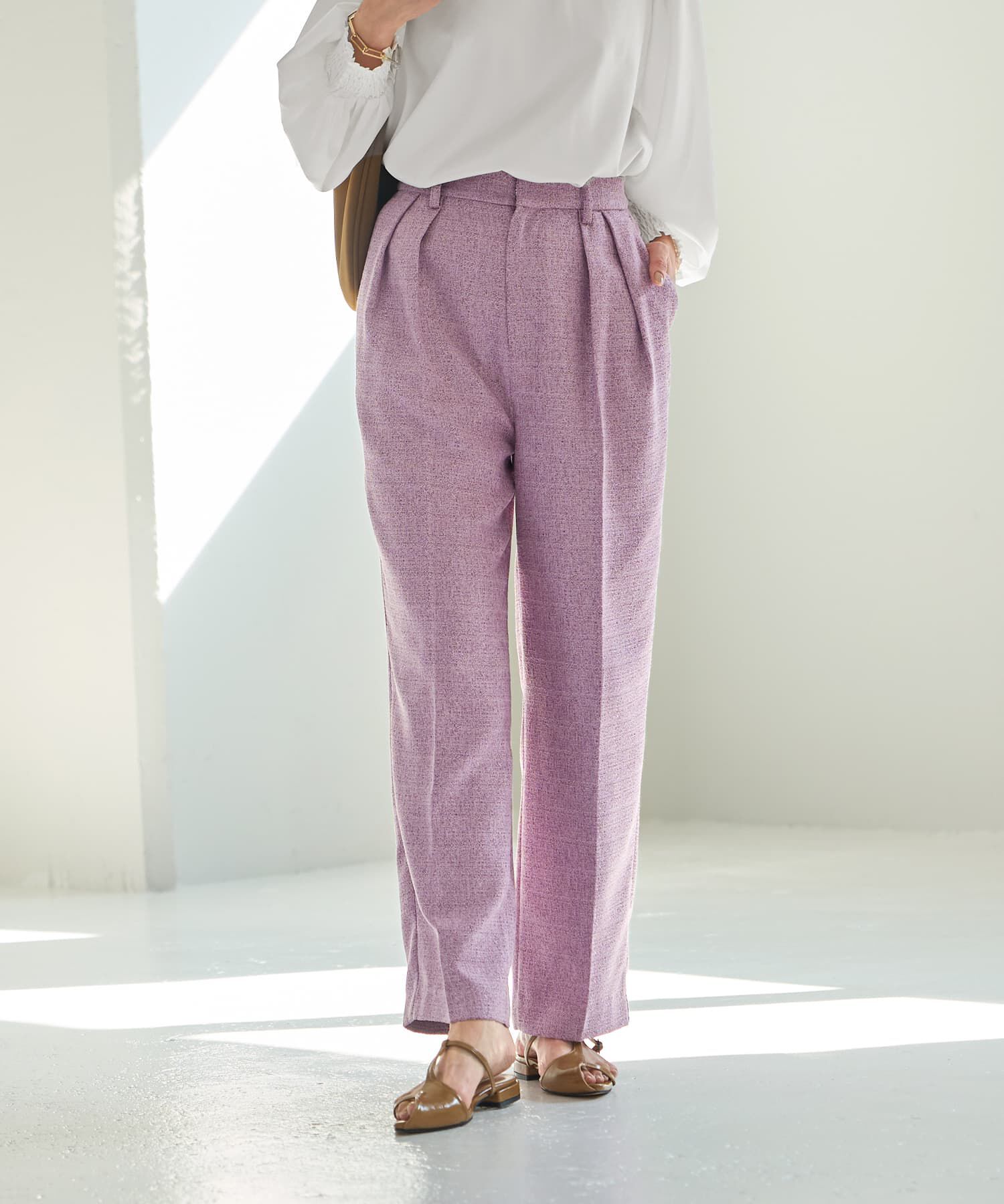 STYLE DELI「【LUXE】ライトツイードワイドパンツ」|スラックス|ピンクミックス