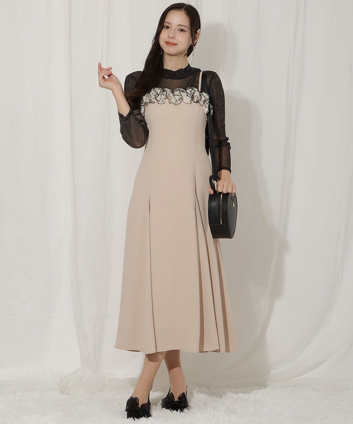 WILLSELECTION「フラワーキャミワンピース&times;シアーラメトップス」|ドレス|ベージュ