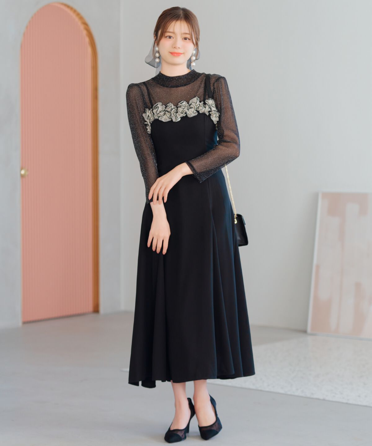 WILLSELECTION「フラワーキャミワンピース&times;シアーラメトップス」|ドレス|ブラック