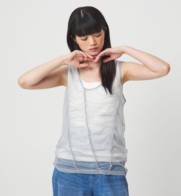EMMEL REFINES「＜EMMEL REFINES＞EM フリルギャザー チュールレイヤー ノースリーブ」|Tシャツ・カットソー|LT.GRAY