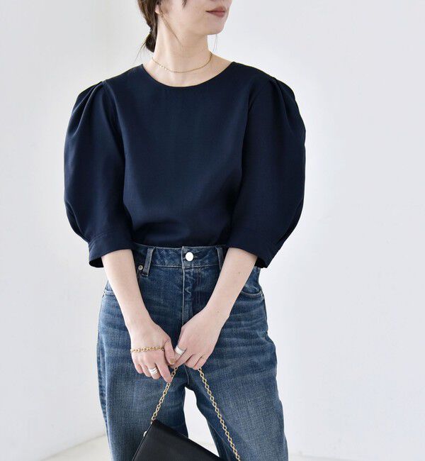 quaranciel「quaranciel:〈洗濯機可能〉リネンライク パフスリーブ クルーネック ブラウス」|シャツ・ブラウス|ネイビー