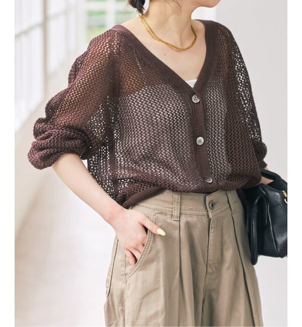 Spick and Span「メッシュVネックカーディガン」|ニット・セーター|ブラウン