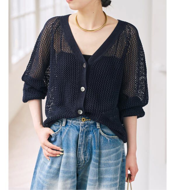 Spick and Span「メッシュVネックカーディガン」|ニット・セーター|ネイビー