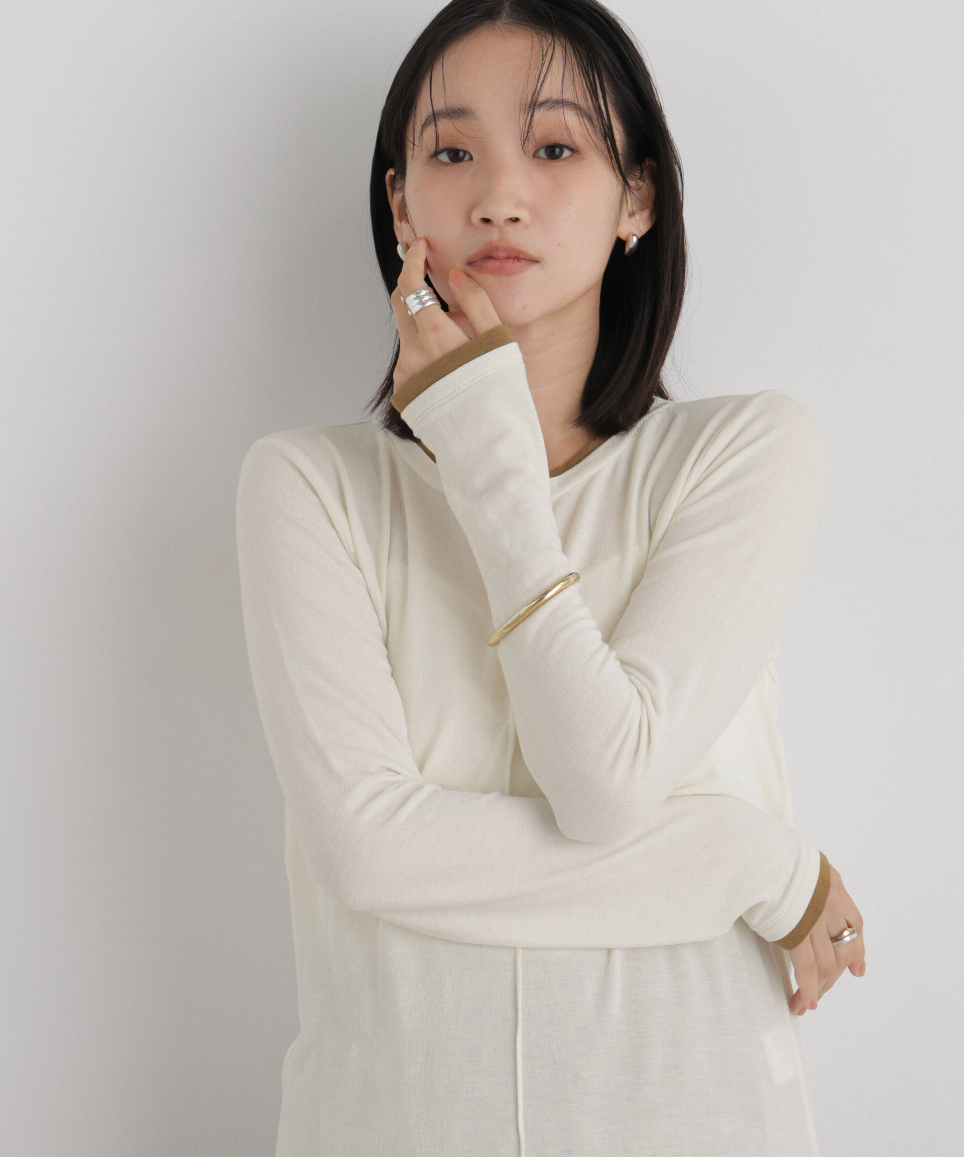 NANO universe「レイヤードライク配色ソフトタッチカットロングスリーブトップス」|Tシャツ・カットソー|