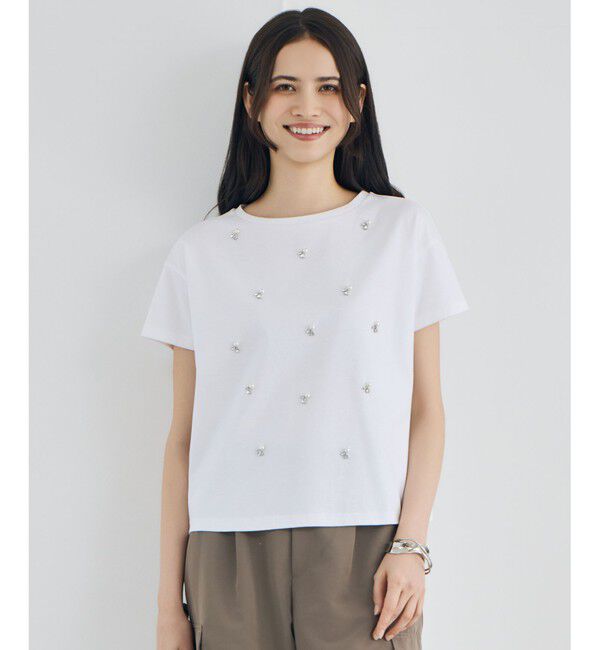 自由区「【きれい目カジュアル・顔まわり華やか】ビジュー Tシャツ」|Tシャツ・カットソー|オフ