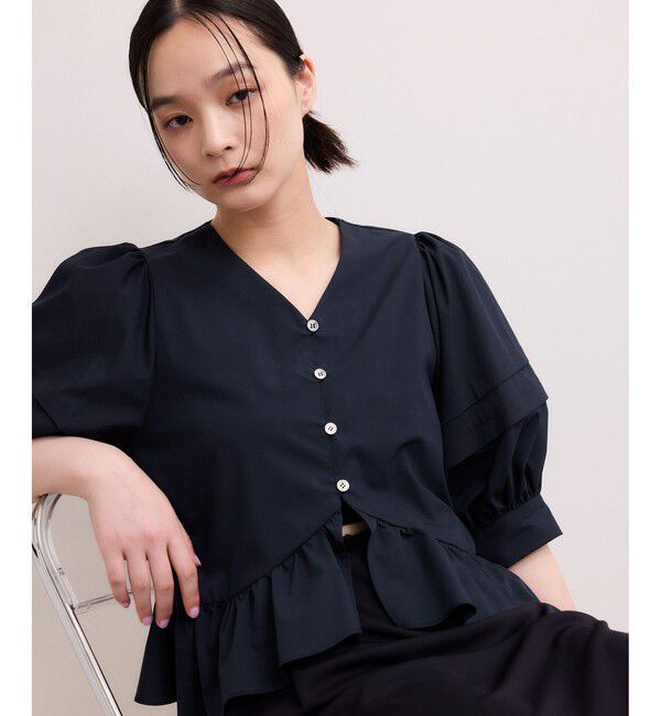 ADAM ET ROPE'「【WEB限定】パフスリーブギャザーブラウス」|シャツ・ブラウス|ネイビー(40)