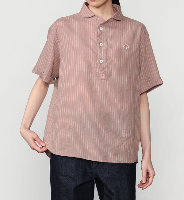 DANTON「DANTON | リネンコットン 丸襟半袖プルオーバーシャツ STRIPE WOMEN」|シャツ・ブラウス|PINK系1