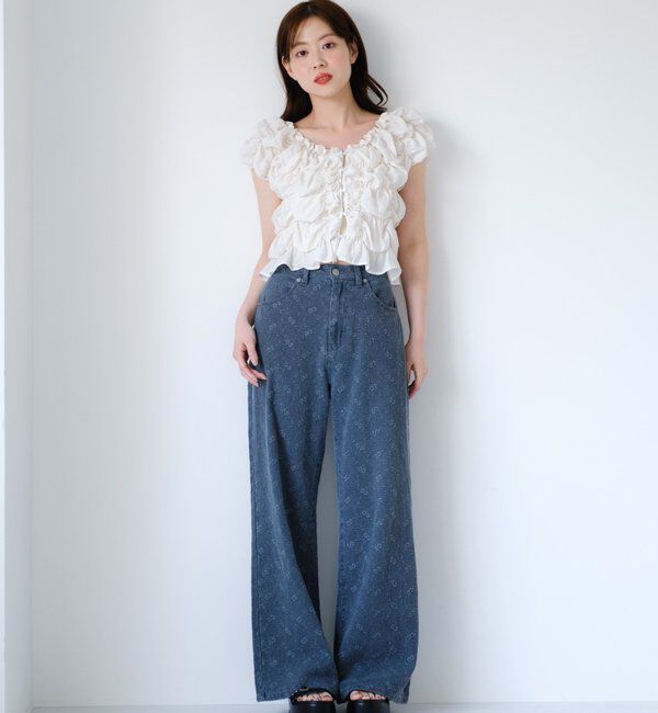  「【低身長サイズ/2サイズ展開】フラワーエンブロイダリーデニム」|デニム|
