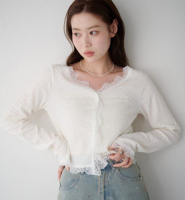  「【新色・新サイズ追加】レース切替カーディガン」|Tシャツ・カットソー|