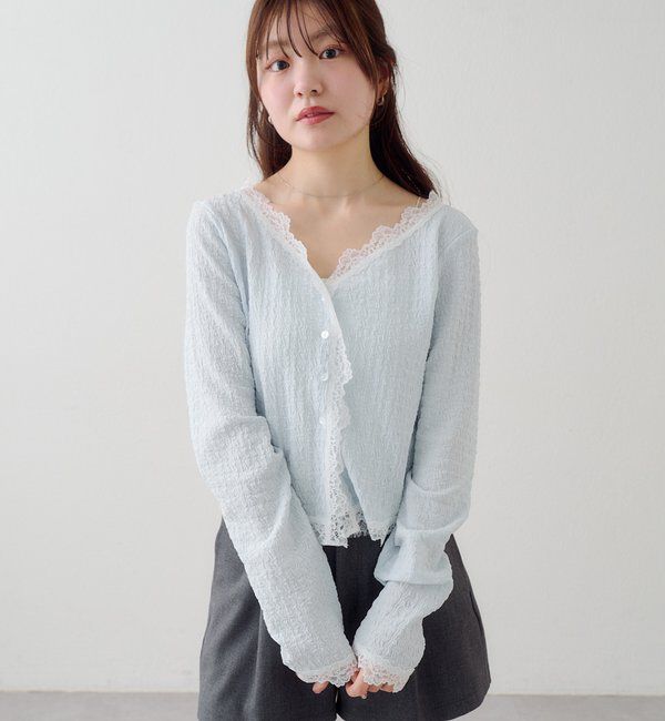  「【新色・新サイズ追加】レース切替カーディガン」|Tシャツ・カットソー|