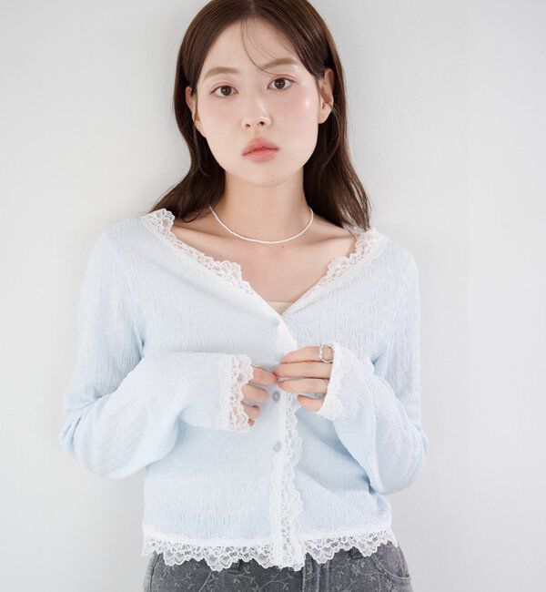 「【新色・新サイズ追加】レース切替カーディガン」|Tシャツ・カットソー|