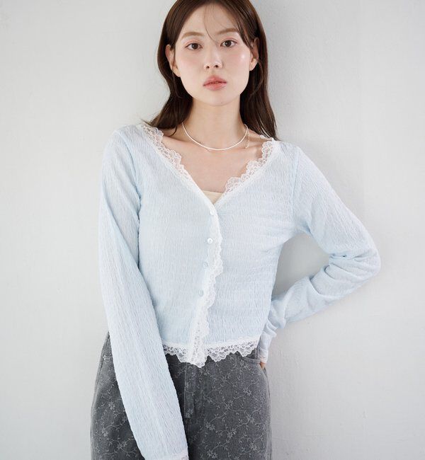  「【新色・新サイズ追加】レース切替カーディガン」|Tシャツ・カットソー|
