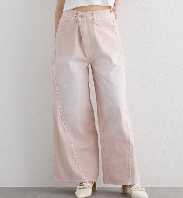  「【SMサイズ展開あり】レース付きワイドデニムパンツ」|その他|ピンク