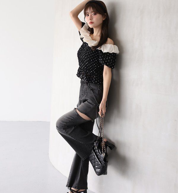  「【 XS/S/Mサイズ展開】サイドスリットリボン美脚デニムパンツ」|その他|