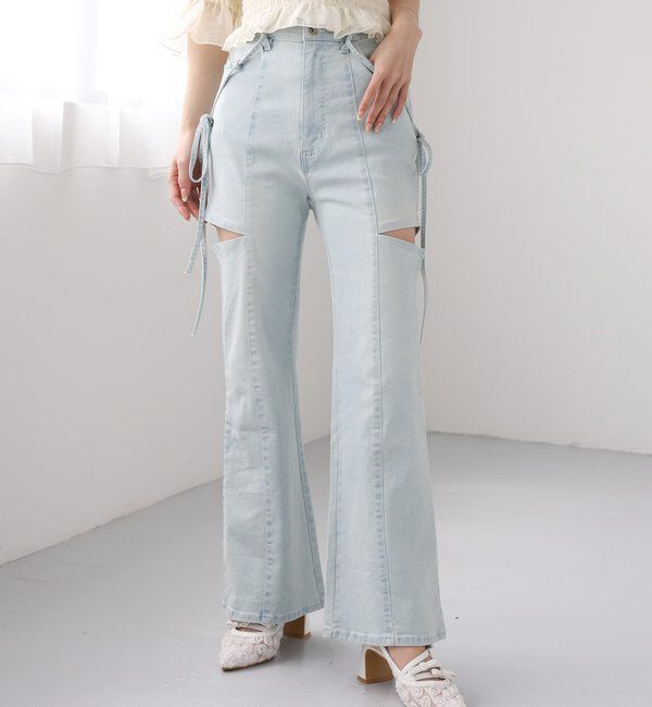  「【 XS/S/Mサイズ展開】サイドスリットリボン美脚デニムパンツ」|その他|