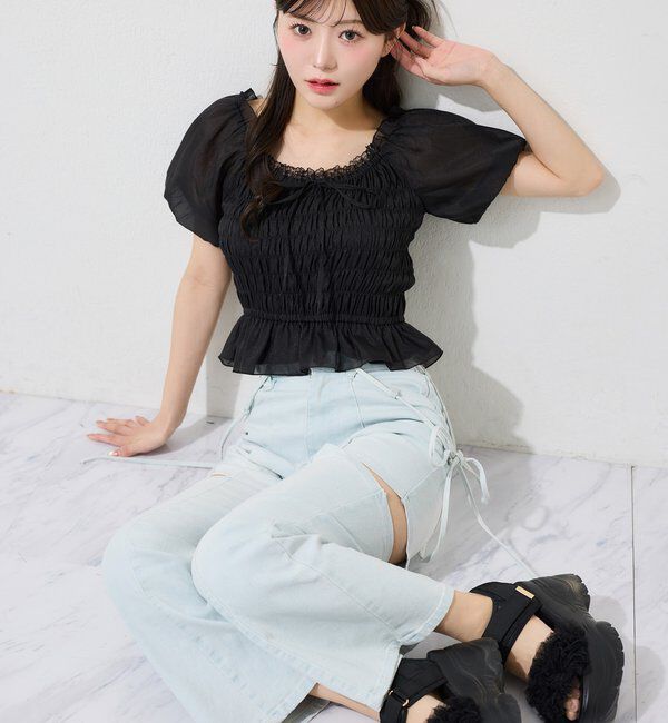  「【 XS/S/Mサイズ展開】サイドスリットリボン美脚デニムパンツ」|その他|