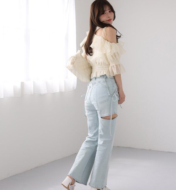  「【 XS/S/Mサイズ展開】サイドスリットリボン美脚デニムパンツ」|その他|