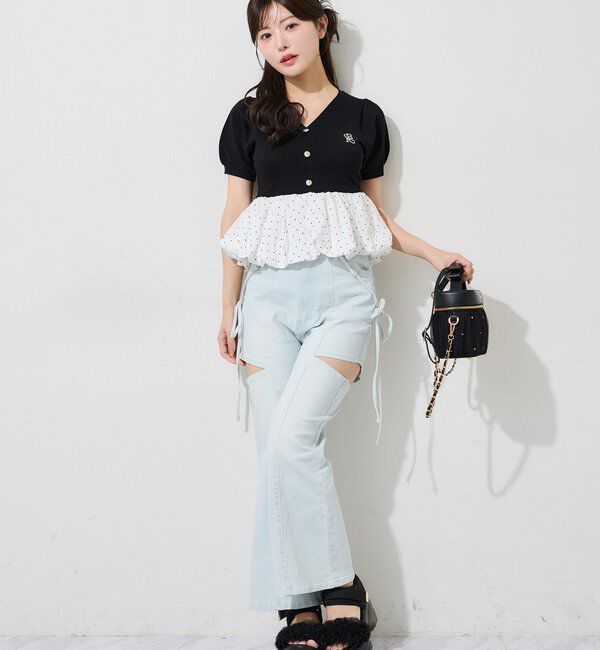  「【 XS/S/Mサイズ展開】サイドスリットリボン美脚デニムパンツ」|その他|