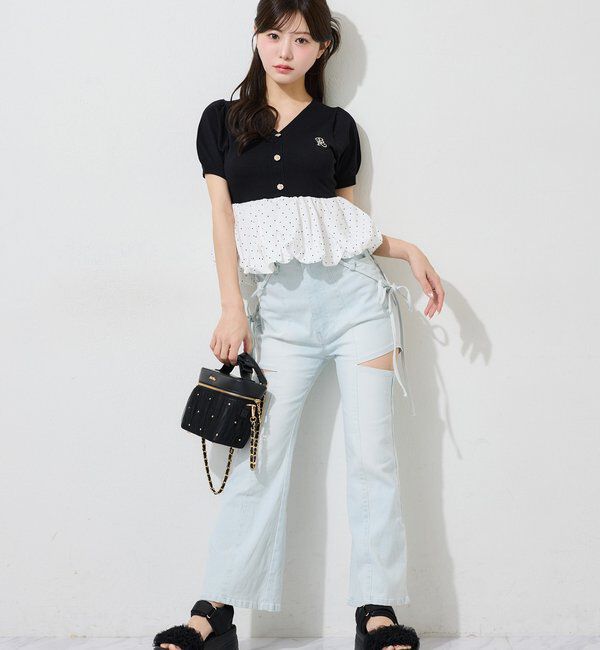  「【 XS/S/Mサイズ展開】サイドスリットリボン美脚デニムパンツ」|その他|