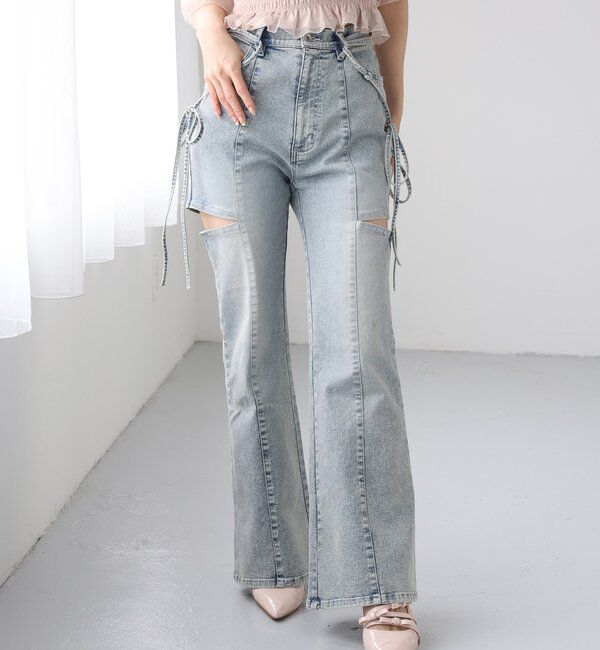  「【 XS/S/Mサイズ展開】サイドスリットリボン美脚デニムパンツ」|その他|