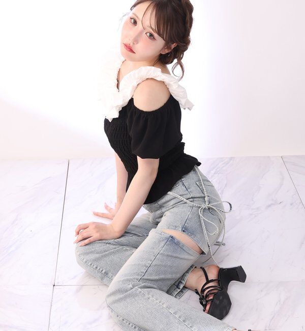  「【 XS/S/Mサイズ展開】サイドスリットリボン美脚デニムパンツ」|その他|