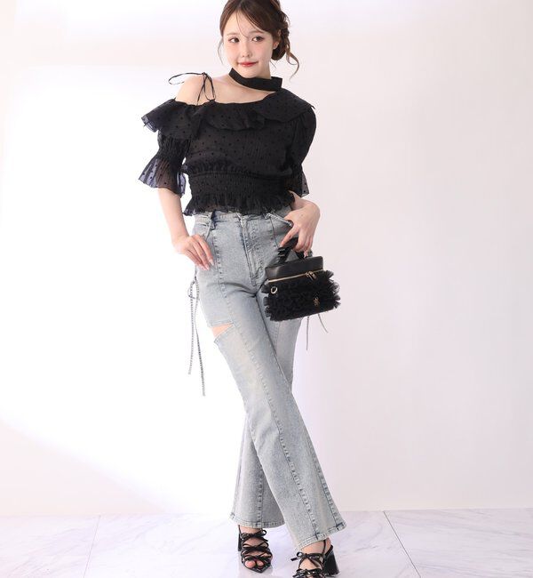  「【 XS/S/Mサイズ展開】サイドスリットリボン美脚デニムパンツ」|その他|