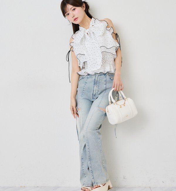  「【 XS/S/Mサイズ展開】サイドスリットリボン美脚デニムパンツ」|その他|