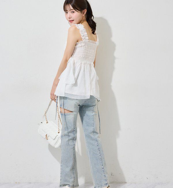  「【 XS/S/Mサイズ展開】サイドスリットリボン美脚デニムパンツ」|その他|