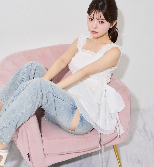  「【 XS/S/Mサイズ展開】サイドスリットリボン美脚デニムパンツ」|その他|