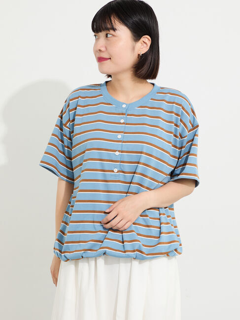 Samansa Mos2「ボーダーヘンリーネックカットソー」|Tシャツ・カットソー|サックスブルー
