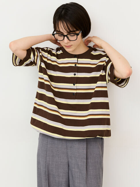 Samansa Mos2「ボーダーヘンリーネックカットソー」|Tシャツ・カットソー|